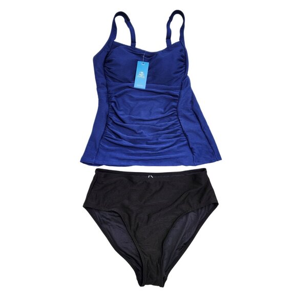 Cupshe Womens Tankini Swimsuit Set Size L Blue & Black Striped - Picture 1 of 5